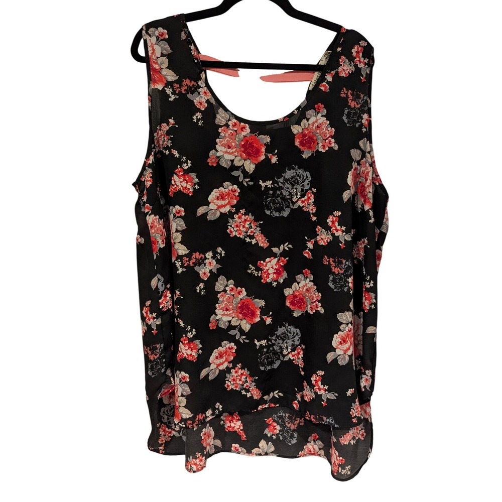 Liberty Love Womens 3XL Black Floral Sleeveless Bow Back High-Low Tunic Tank Top